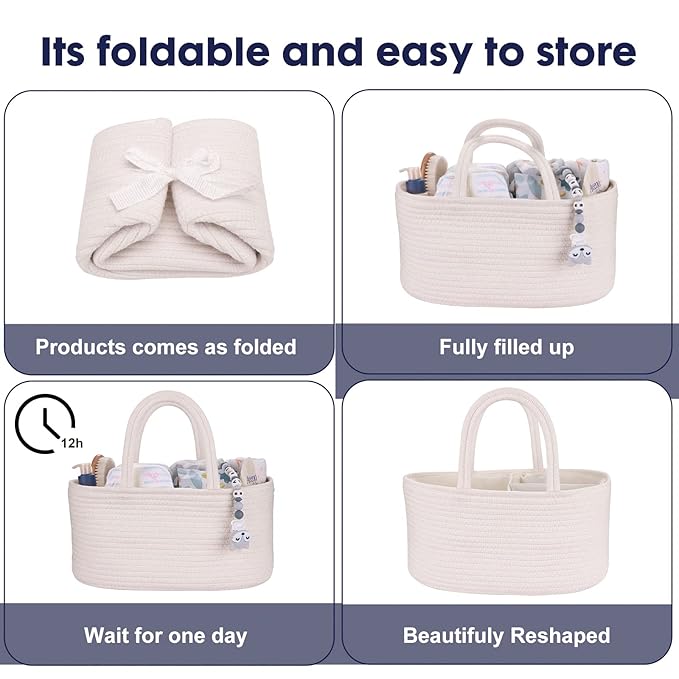 Baby Diaper Caddy Organizer for Girl Boy Cotton Rope Nursery Storage Bin Basket Portable Holder Tote Bag for Changing Table Car Travel Baby Shower Gifts Newborn Essentials Registry Must Haves White