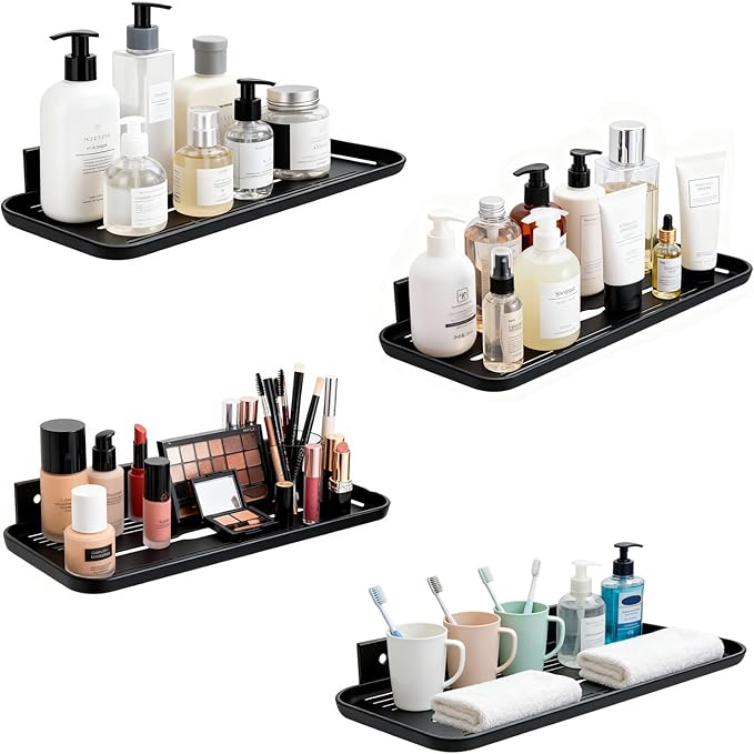ACEXINYAN Wall Mounted Floating Shelf, Self Adhesive Shelf, No Drill Adhesive Wall Shelf, Floating Shelves Damage-Free Expand Walls Space for Living Room Kitchen Bathroom (4, Black)
