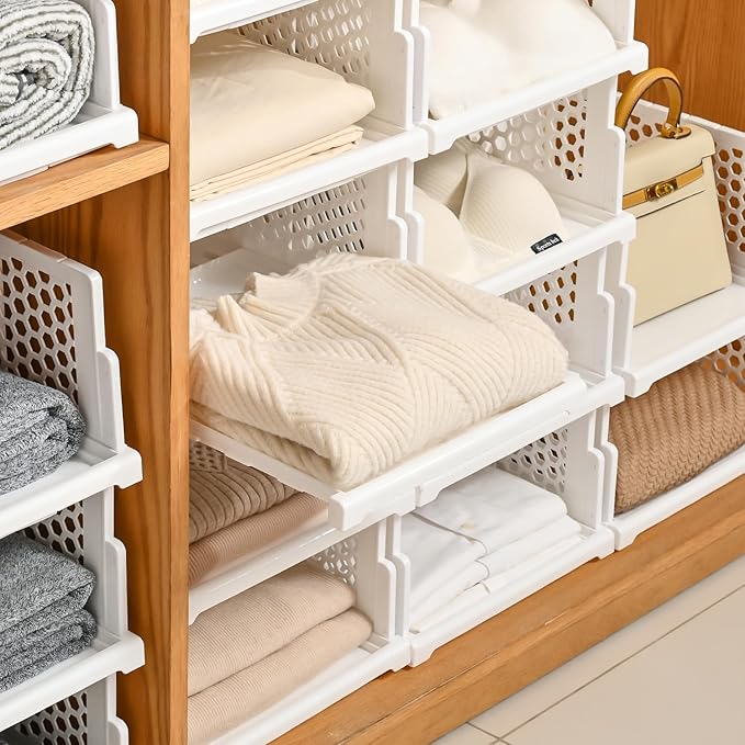 Pull-out Plastic Storage Basket,Stackable Closet Organizers Drawer Anti-Tipping, Reinforced Stable Shelf Container for Bathroom Laundry Room Storage, Space-Saving Clothes Storage (white, Large-4pcs)