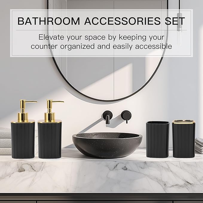 4-Piece Bathroom Accessories Set, Black and Gold Bathroom Set Includes 2 Soap Dispensers, a Toothbrush Holder and Cup, Black Gold Bathroom Decor for Modern Homes