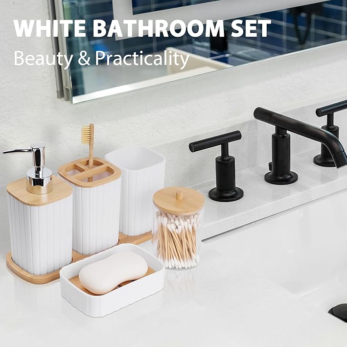 Bathroom Accessory Set - 10 Piece White Bathroom Sets Complete with Trash Can, Toothbrush Holder & Cup, Soap Dispenser, Soap Dish, Toilet Brush & Holder, Vanity Tray, Qtip Holder, Tissue Box Cover