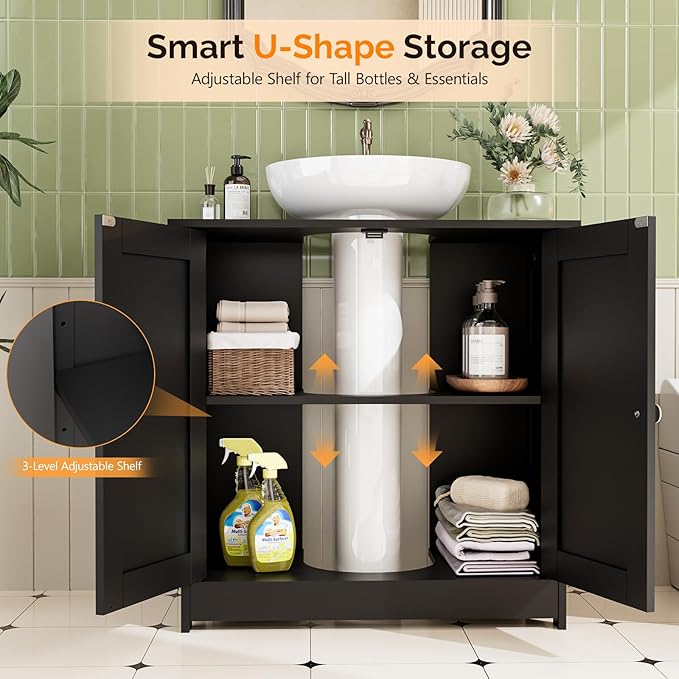 Bonnlo Pedestal Sink Storage Cabinet, 24" Black Under Sink Bathroom Storage Cabinet with 2 Doors and Adjustable Shelf, Traditional Bathroom Space Saver Organizer for Small Spaces, Water-Resistant