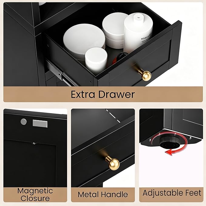 71 Inch Tall Narrow Bathroom Storage Cabinet, Slim Metal Freestanding Floor Cabinet with Doors, Adjustable Shelves, Drawer & Open Shelf, Bathroom Organizer for Small Spaces, Black