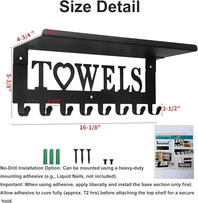 Towel Rack with Shelf 8 Hooks, Bathroom Towel Holder Metal Shelf Organizer, Wall Mounted Storage for Towels, Robes, Clothes in Bathroom, Hot Tub, Kitchen, Bedroom,Home