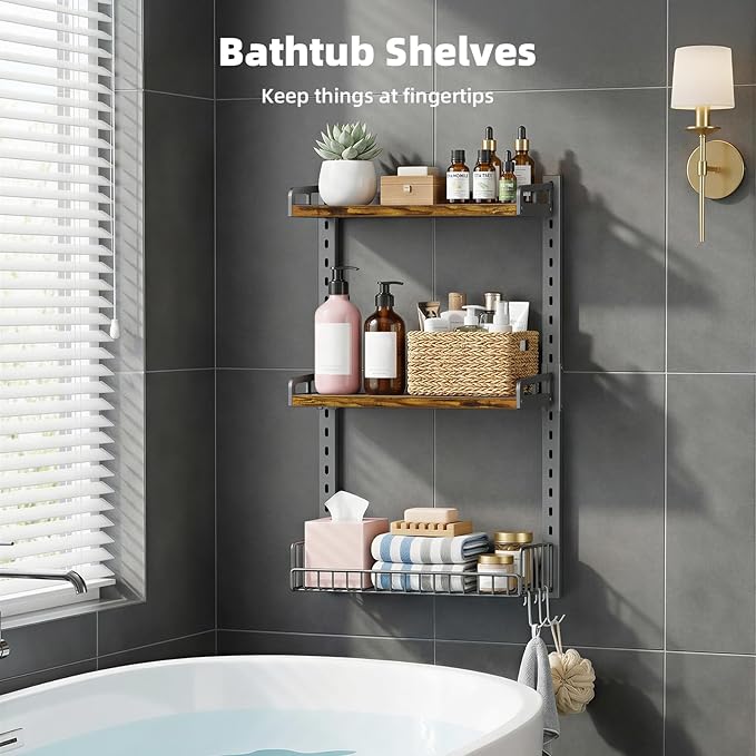 Kalrin 3 Tier Bathroom Shelves Over Toilet - Wall Mounted Floating Shelves with Drain Basket, Toilet Paper Storage, Height Adjustable Over The Toilet Storage, Vintage Brown