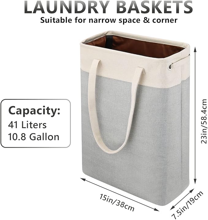 Laundry Basket with Handles Beige&Silver Slim Laundry Bin Collapsible Dirty Clothes Basket Narrow Laundry Bag Foldable Dirty Hamper for Camping, Dorms, Apartments