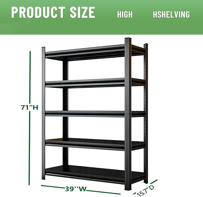 5-Tier Kitchen Shelf Organizer, Solid Metal Adjustable Storage Rack for Pots, Pans, Bottles & Pantry Goods, Space-Saving, Black (71" H x 39" W x 15.7" D)