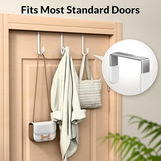 Over The Door Hooks 4 Pack, Heavy Duty Stainless Steel Door Hanger Hooks for Towels, Coats, Bags & Hats, No Drilling Over Door Hook Organizer for Dorm Bedroom Closet