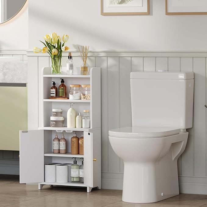 Bathroom Cabinet with 2 Doors, Small Freestanding Storage Cabinet with Adjustable Shelf, Slim Bathroom Organizers, Floor Cabinet for Small Spaces, Bathroom, 7.9" D x 14.7" W x 32" H, White
