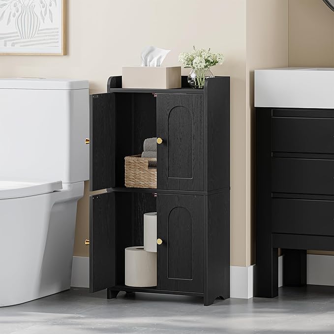 HEXCELEN Small Storage Cabinet, Bathroom Storage Cabinet with 4 Doors, Floor Bathroom Organizer Freestanding for Small Spaces, Living Room, Kitchen, Entryway (Mediterranean, Black)