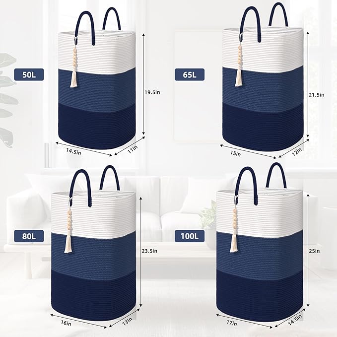Woven Laundry Basket for Clothes,65 L Large Rectangle Laundry Hampers with Beads Tassel, Nursery Storage Basket for Toys, Tall Dirty Clothes Hamper for Bedroom Aesthetic, Laundry Room Organization