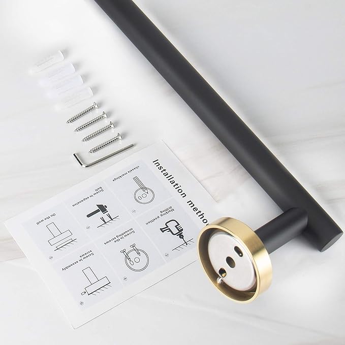 NearMoon Bath Towel Bar, Thicken Stainless Steel Shower Towel Rack Holder Wall Mounted for Bathroom,12-lnch Overall Length-10-lnch Usable Hanging Space (1 Pack, Matte Black & Gold)