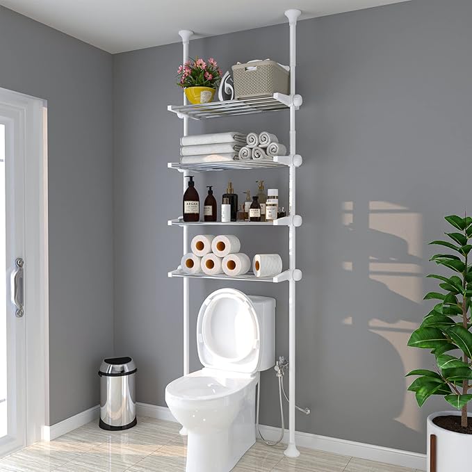 4-Tier Over The Toilet Storage Shelf, 4.5-9.5 FT Adjustable Bathroom Organizer, Heavy Duty Metal Shelves Above Behind Toilet Laundry, Space-Saving Shelving for Small Rooms, No Drill, White