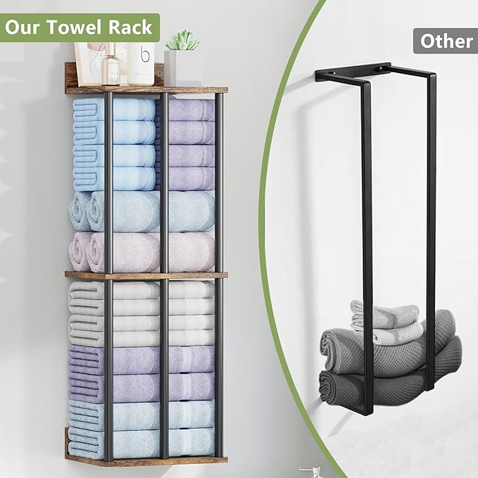 Towel Racks for Bathroom Wall Mounted with Shelf, Updated 3 Bar Bathroom Towel Holder Bath Storage Rack for Rolled Towel, Metal Small Bathrooms Towel Storage Rack, Rustic