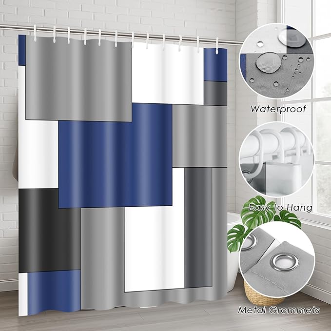 Navy Blue Geometric Shower Curtain Set with Toilet Lid Cover and Non-Slip Rugs for Bathroom, Black White Grey Checkered 4 Pcs Shower Curtain, Modern Abstract Bathroom Set with 12 Hooks