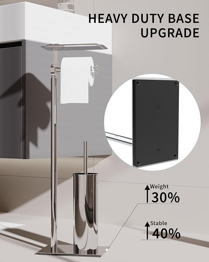 Toilet Paper Holder Stand, Free Standing Toilet Paper Holder with Shelf for Bathroom, Stainless Steel Chrome Toilet Tissue Holder with Brush and Holder Set, Weighted Base