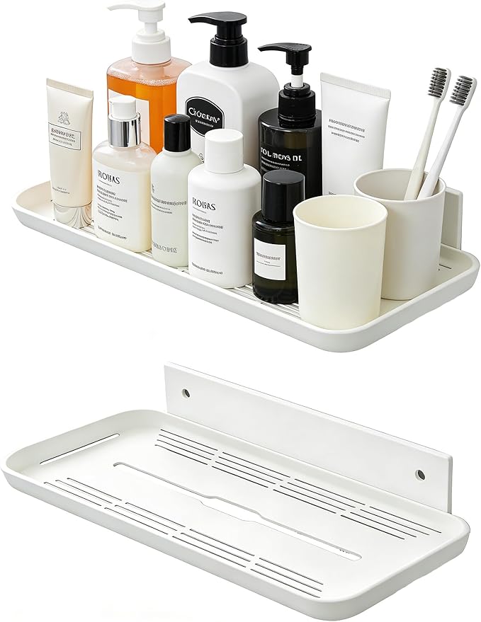 FAYYGYH Adhesive Floating Shelves No Drill Floating Shelf for Wall Storage Damage-Free Wall Mounted Organizer for Bathroom, Kitchen, Bedroom & Office (White, 2 PCS)