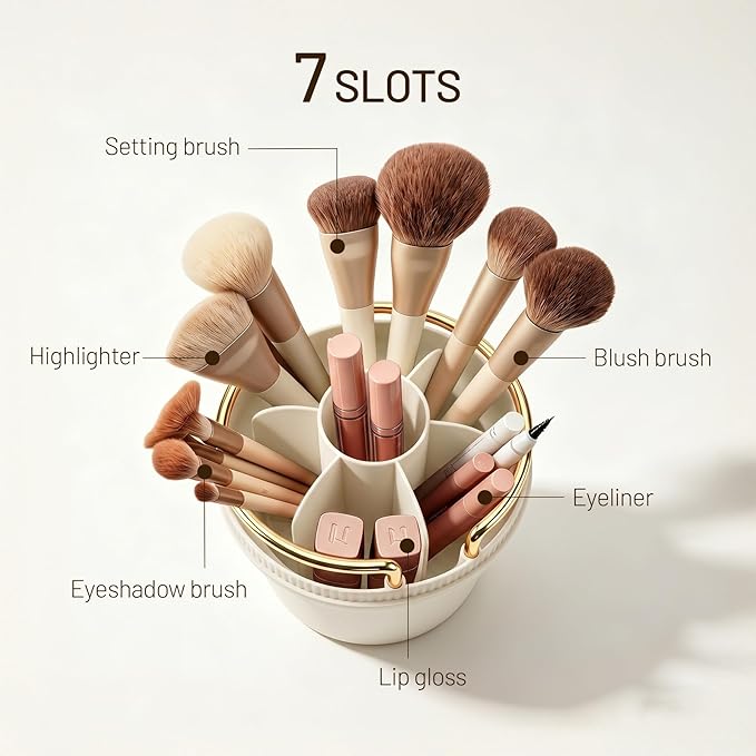 Makeup Brush Holder, 360° Rotating Cosmetic Display Cases with Clear Lid, Bathroom Countertop Organizer for Vanity, Waterproof Toothbrush Holders for Make Up Brushes, Toothpaste, Lip Gloss (Cream)