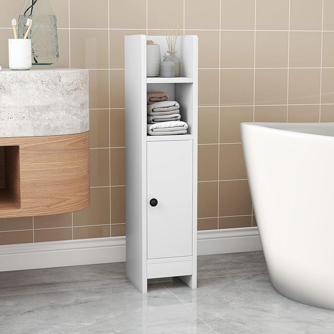 LOKO Narrow Bathroom Storage Cabinet, Modern Small Corner Floor Cabinet with 3-Level Adjustable Shelf, Slim Toilet Paper Holder Stand for Small Spaces, Laundry Room, Kitchen (White)
