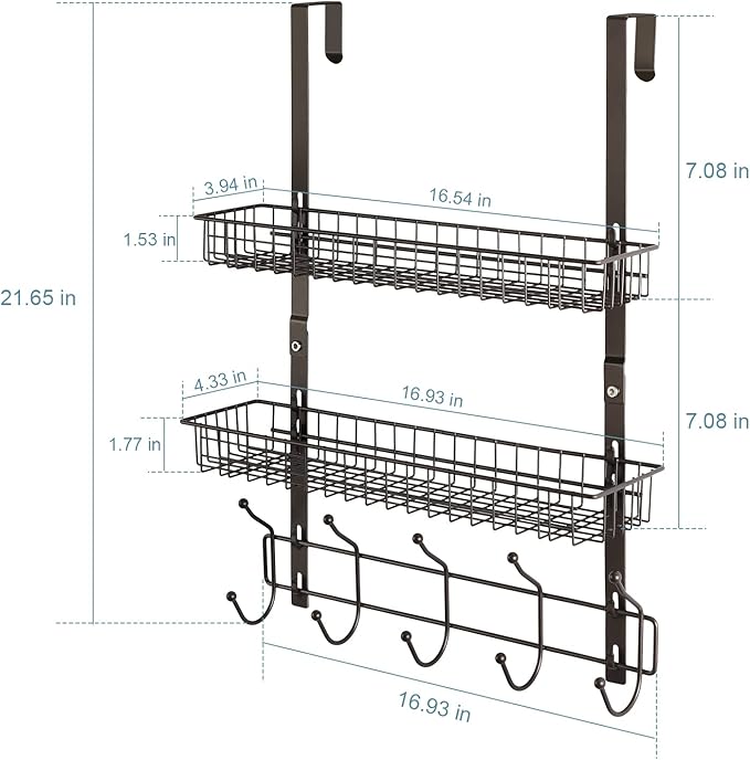 OYEAL Over The Door Hook Rack with 5 Hooks 2 Baskets Steel, Sturdy Durable Coat Rack Towel Hooks Hanging Organizer Shelves for Home Bedroom Bathroom Kitchen, Brown