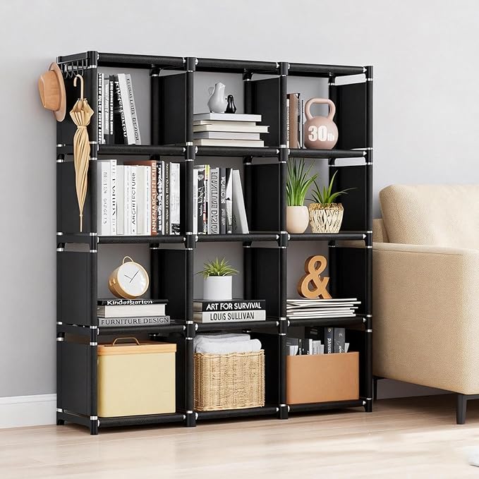 12-Cube Storage Organizer Shelf, Double-Row Design – Tool-Free Assembly Cube Bookcase for Bedroom, Closet & Small Spaces, Bookshelf Organizer for Kids’ Clothes & Nursery, Black