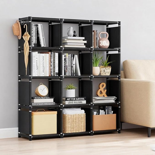 12-Cube Storage Organizer Shelf, Double-Row Design – Tool-Free Assembly Cube Bookcase for Bedroom, Closet & Small Spaces, Bookshelf Organizer for Kids’ Clothes & Nursery, Black