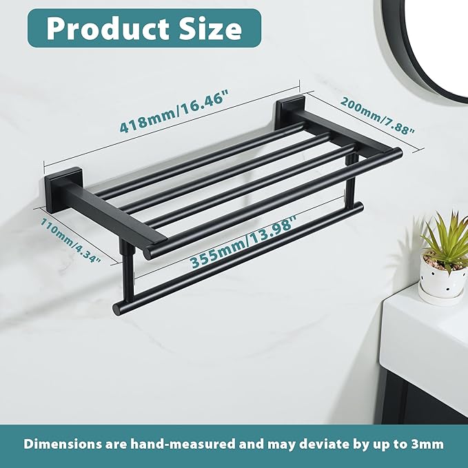 Alise 16 Inch Towel Racks for Bathroom, Towel Rack Wall Mounted with Tower Bars, SUS 304 Stainless Steel Bathroom Shelf, Heavy Duty Hand Towel Holder (Matte Black)