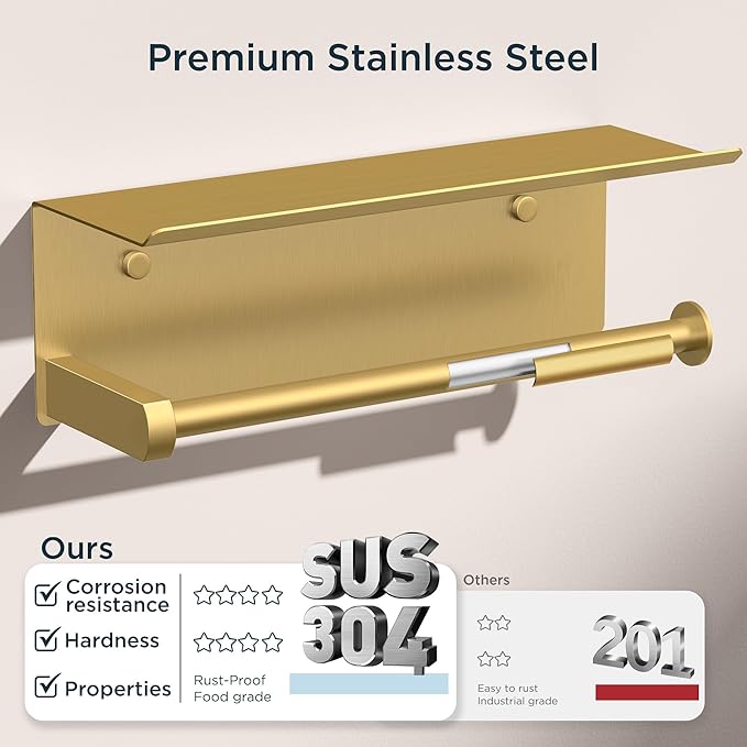 FORIOUS Paper Towel Holder with Shelf, SUS304 Stainless Steel Paper Towel Holder with Storage Shelf, Wall Mount Screw Paper Roll Organizer Commercial Paper Hand Towel Dispensers, Brushed Gold