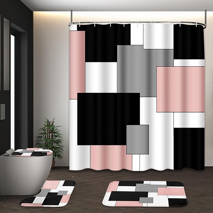 Pink Geometric Shower Curtain Set with Toilet Lid Cover and Non-Slip Rugs for Bathroom, Grey Black White Checkered 4 Pcs Shower Curtain, Abstract Modern Bathroom Set with 12 Hooks