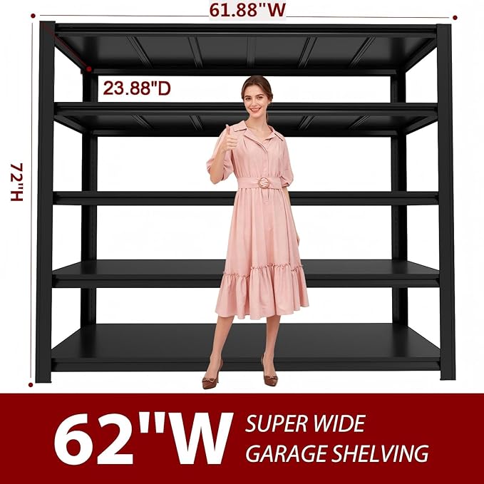 5-Tier Metal Storage Shelves, Adjustable Shelving Units, Boltless Assembly, Black, 61.88 x 23.88 x 72 Inch, for Warehouse Garage Shed Basement (72H*61.88W*23.88D)