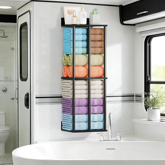 Towel Racks for Bathroom Wall Mounted with Shelf, Updated 3 Bar Bathroom Towel Holder Bath Storage Rack for Rolled Towel, Metal Small Bathrooms Towel Storage Rack, Black