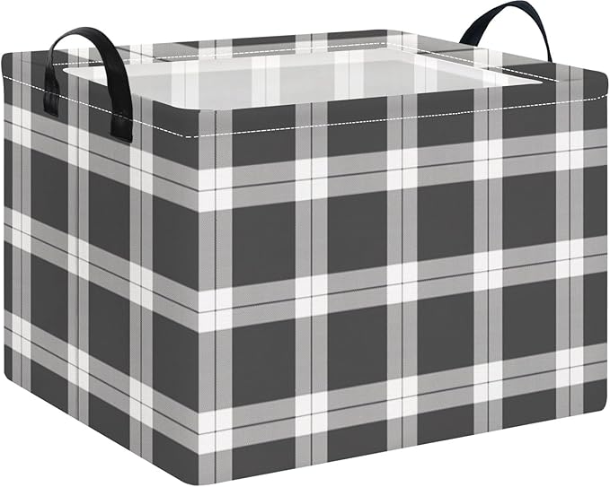 NTAOHAMPER Rectangular Storage Basket Empty,Storage Bin with Handles,Room Decor,Gift Basket,Book Box(Black Grey White Plaid)