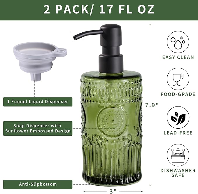 17 OZ Sunflower Embossed Glass Soap Dispenser - 2 Pack, with 304 Rust Proof Stainless Steel Pump, Glass Soap and Lotion Dispenser Set, Liquid Hand Soap Dispenser for Home, Kitchen & Bathroom (Green)