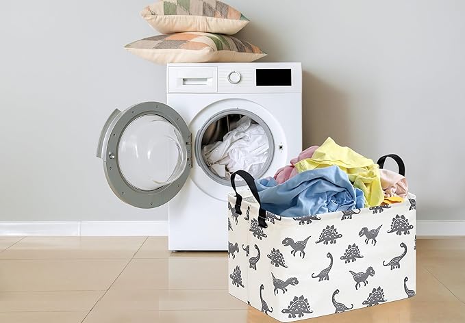 Baby Storage Basket Nursery Box Laundry Hamper Organization Bins for Toys and Clothes with Handles (Grey Dinosaur)