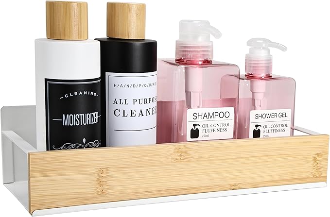 Wall Mount Organizer,Adhesive Metal Shelf with Bamboo Lip,Bathroom Shelves for Wall,Self Adhesive Organizer,Shower Caddies,No Drilling Stick-on Wall Rack,for Bathroom,Kitchen,Living Room (White)