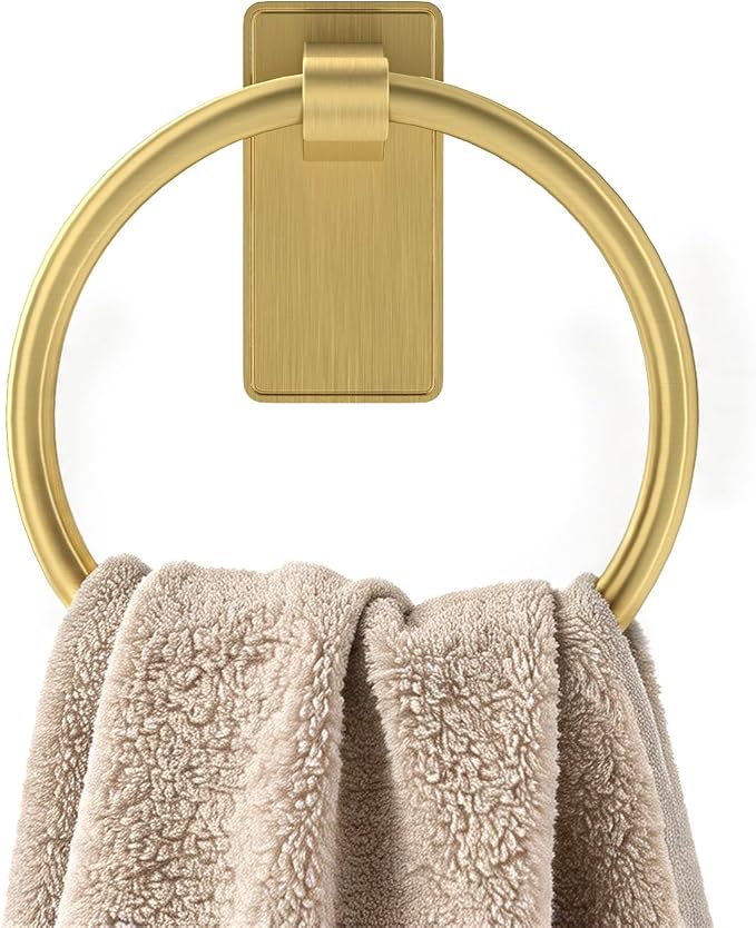 STWWO Gold Towel Ring for Bathroom, Adhesive Hand Towel Holder for Bathroom, Kitchen, No Drill