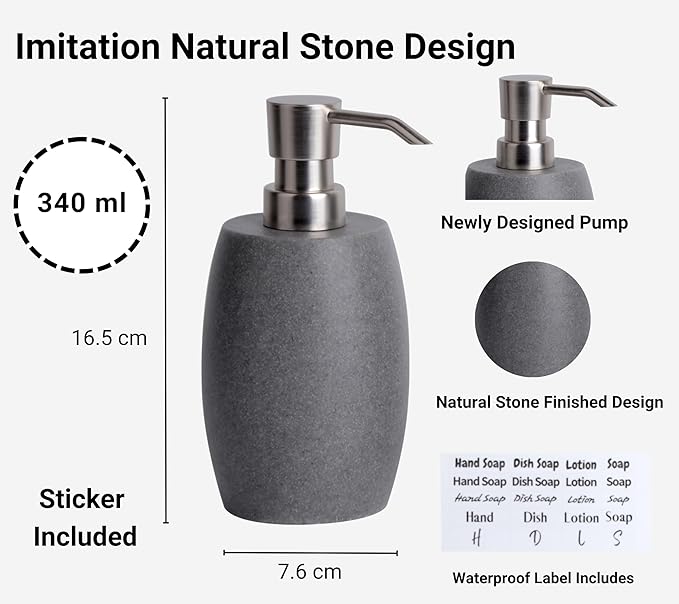 Clasin Home Sandstone Textured Resin Soap Dispenser with Metallic Pump and Waterproof Bottle Labels for Bathroom Kitchen Dish Hand Wash Shower Lotion Shampoo, 12 Oz, 2 Sets Gray