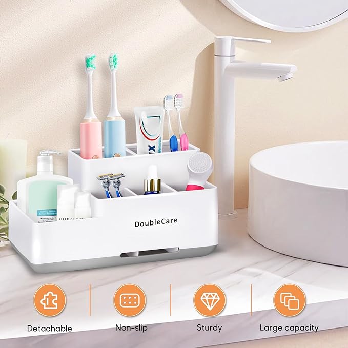 Toothbrush Holder with Anti-Slip, Bathroom Organizer Countertop Detachable for Easy Cleaning, Multifunctional Storage, Bathroom Caddy for Toothpaste, Shaver,Great for Home, Vanity Organizer, Office