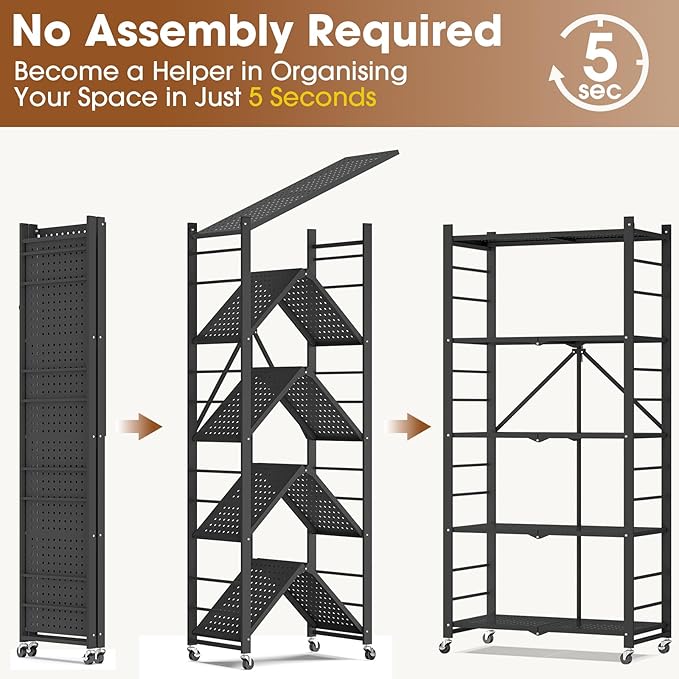 5-Tier Folding Metal Storage Shelf with Wheels & Hooks, Heavy Duty Utility Rack, No-Assembly Collapsible Organizer for Kitchen, Garage, Office, Living Room – 750 lbs Capacity(Black, 5-Tier)
