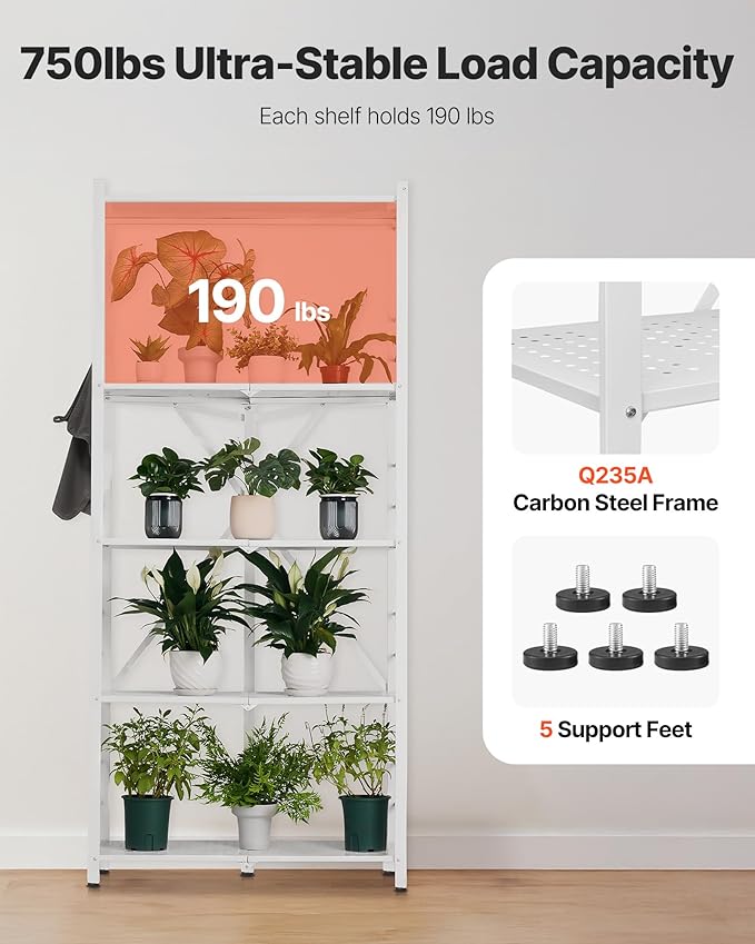 VEVOR 5-Tier Foldable Storage Shelf, 32W x 14D x 72H Inch Folding Metal Rack Shelving Unit, Heavy Duty No Assembly Organizer Shelf with 5 Wheels & 4 Hooks for Pantry, Kitchen, Garage, Basement, White