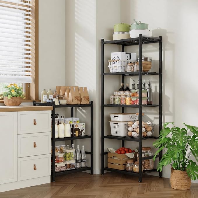 Storage Shelves, 5-Tier Metal Shelving Unit with Adjustable Feet, Compact Shelf Organizer for Garage, Kitchen, Pantry and Closet Organization,11.8" x 17.7" x 56.3", Black