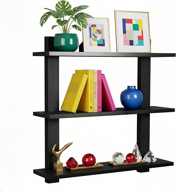 Sorbus Bathroom Shelves - 3-Tier Wall Mounted Floating Shelves for Books, Trophies, Wall Decor, Kitchen, Living Room & Bathroom Decor - Decorative Hanging Display Over the Toilet Storage Shelf - Black