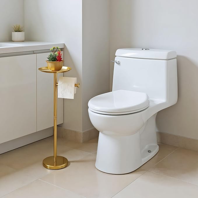 Toilet Paper Holder Stand Gold with Shelf on Top, Sturdy TP Roll Holder Floor Standing, Stainless Steel Base (Gold)