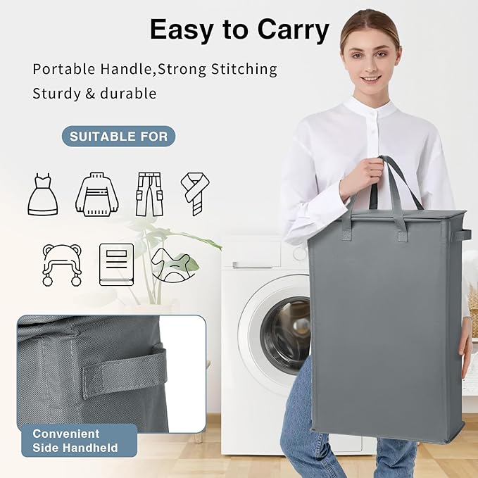 GOMAJI Slim Laundry Basket with Lid and Handles, Foldable Laundry Basket for Clothes, Clothes Hamper Easy to Carry, Dirty Hampers for Bedroom, Bathroom, Dorm, College, 12.7 Gallons(48L)