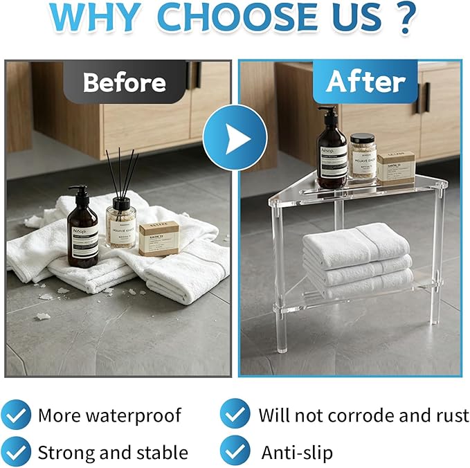 Acrylic Corner Shower Stool for Shaving Legs - Clear Triangle Shower Stool with 2-Tier Storage Shelf - Modern Bathroom Step Stool - Includes 1 Bath Sponge & 2 Shower Loofahs for Exfoliation
