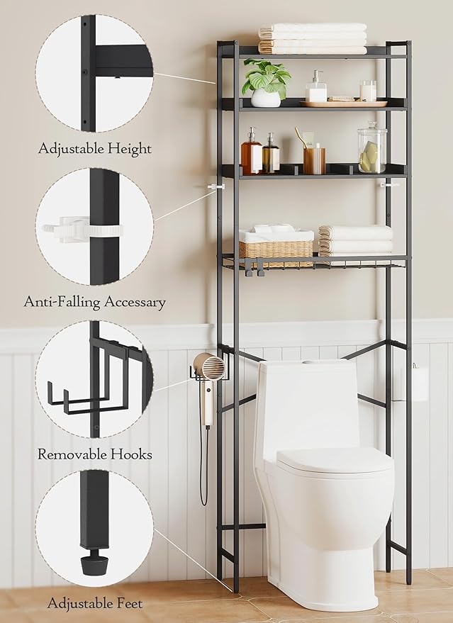 Quikraen 4 Tier Over The Toilet Storage Shelf with 3 Adjustable Shelves, Space Saver Bathroom Organizer with 4 Hooks, Freestanding Above Toilet Rack for Restroom Laundry (Black)