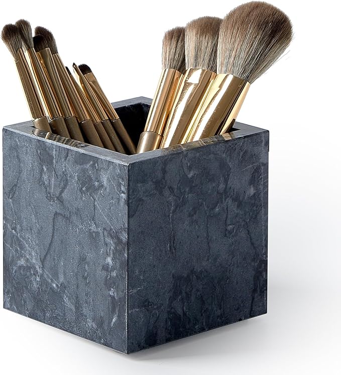 Real Luxurious Natural Marble Toothbrush Holder & Makeup Brush Organizer & Pen Holder for Desk,3.93inch Square Marble Utensil Holder Non-Ceramic/Non-Resin （Gray）