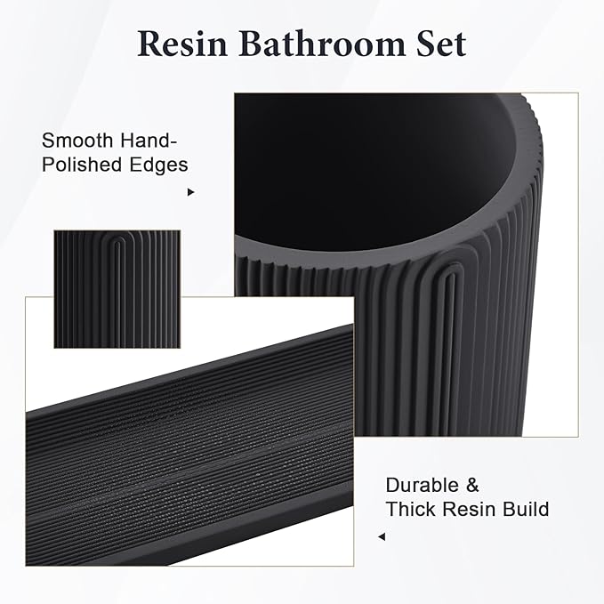 Bathroom Accessories Set - 7-Piece Resin Bathroom Set, Toothbrush Holders Set, Soap Dispenser, Qtip Holder Dispenser, Tumbler, Soap Dish & Tray, Modern Bath Decor for Home Dorm Hotel (Black)