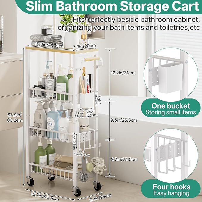 DTUQYX Slim Rolling Storage Cart, 4 Tier Small Organizer Cart with Wheels, Metal Utility Shelf Kitchen Bathroom Laundry Room Organization Trolley with Handle for Narrow Space (9.1" Overall Width)