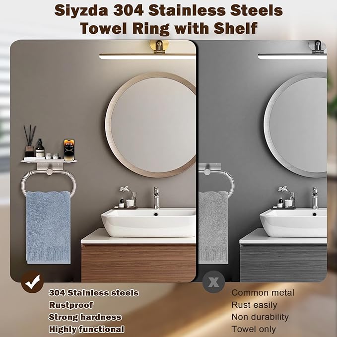 Hand Towel Ring with Shelf, Stainless Steel Hand Towel Holder, Heavy Duty Bath Accessories, Wall Mounted Towel Hanger for Bathroom Kitchen (Brushed Nickel)